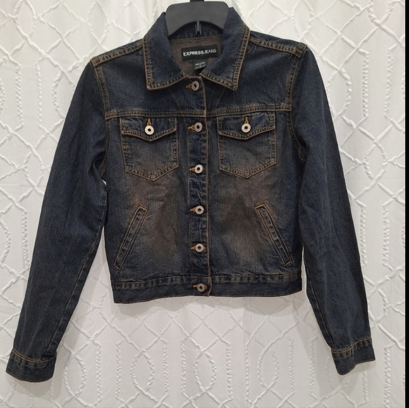 Express Jackets & Blazers - Express Y2K Dark Blue Jean Jacket 100% Cotton Stone Wash Acid Wash Mineral Wash